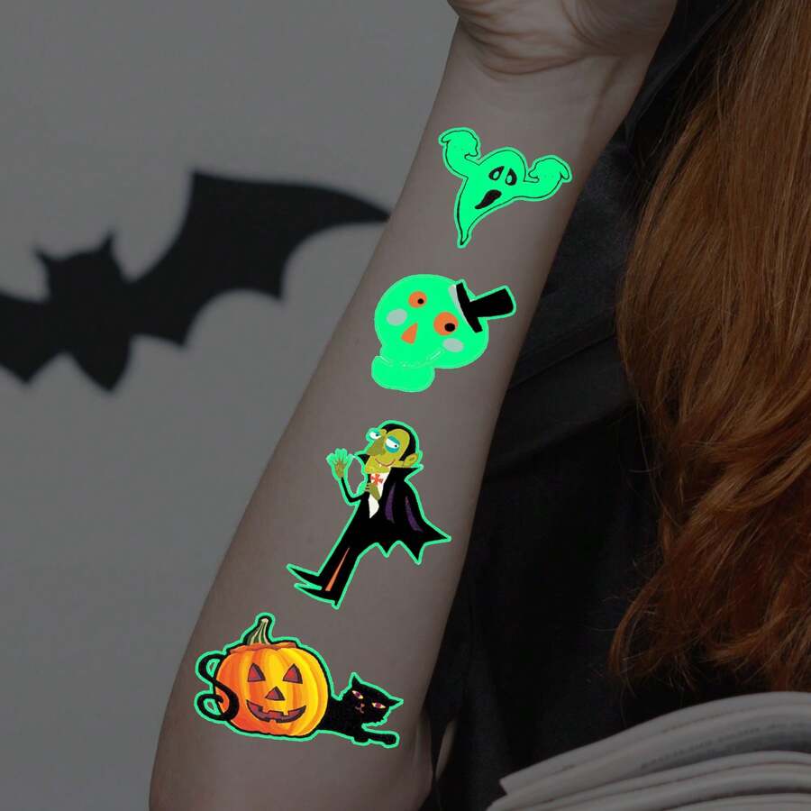 10 Sheets Of 110-Piece Cartoon Halloween Glow-In-The-Dark Tattoo Stickers, Glow In The Dark, Halloween Party Carnival Makeup Waterproof Temporary Tattoos
