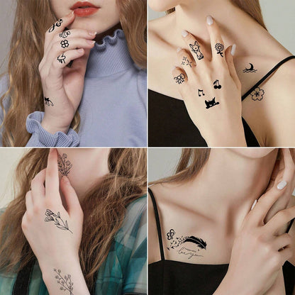 10pcs Black Butterfly Flower & Word Design Finger, Wrist, Small Body Part Temporary Tattoo Stickers
