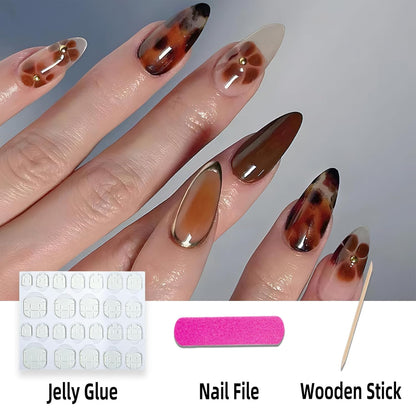 24pcs Medium Almond Shaped Press-On Nails, Leopard Print French Tip, Line Art Design, High Gloss Full Coverage, Suitable For Women And Girls Daily Wear, Autumn/Winter Nail Accessories