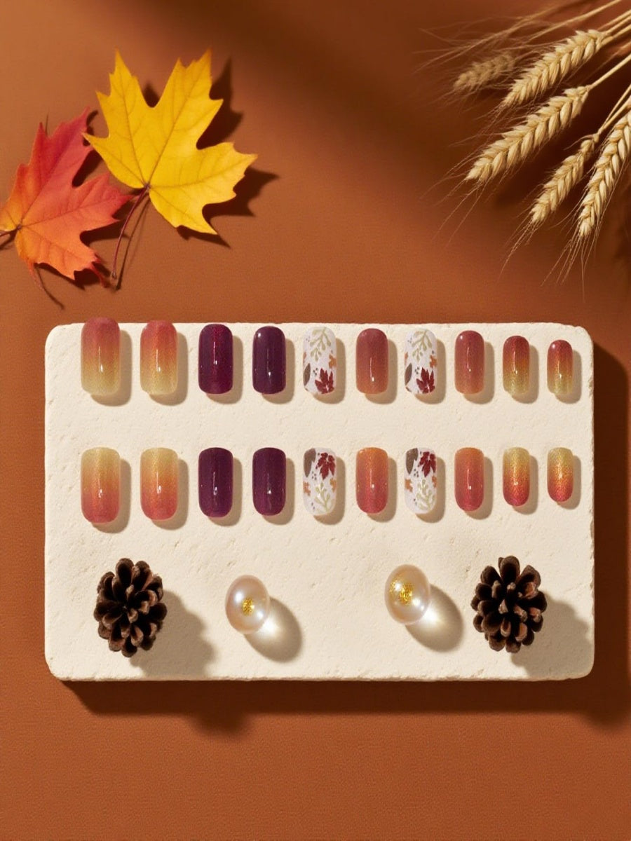 24-Piece Autumn Winter Short Square Press-On Fake Nails Set with Maple Leaf Fall Nails, Thanksgiving Nail Art, and Sweet & Cool Nail Stickers for Women