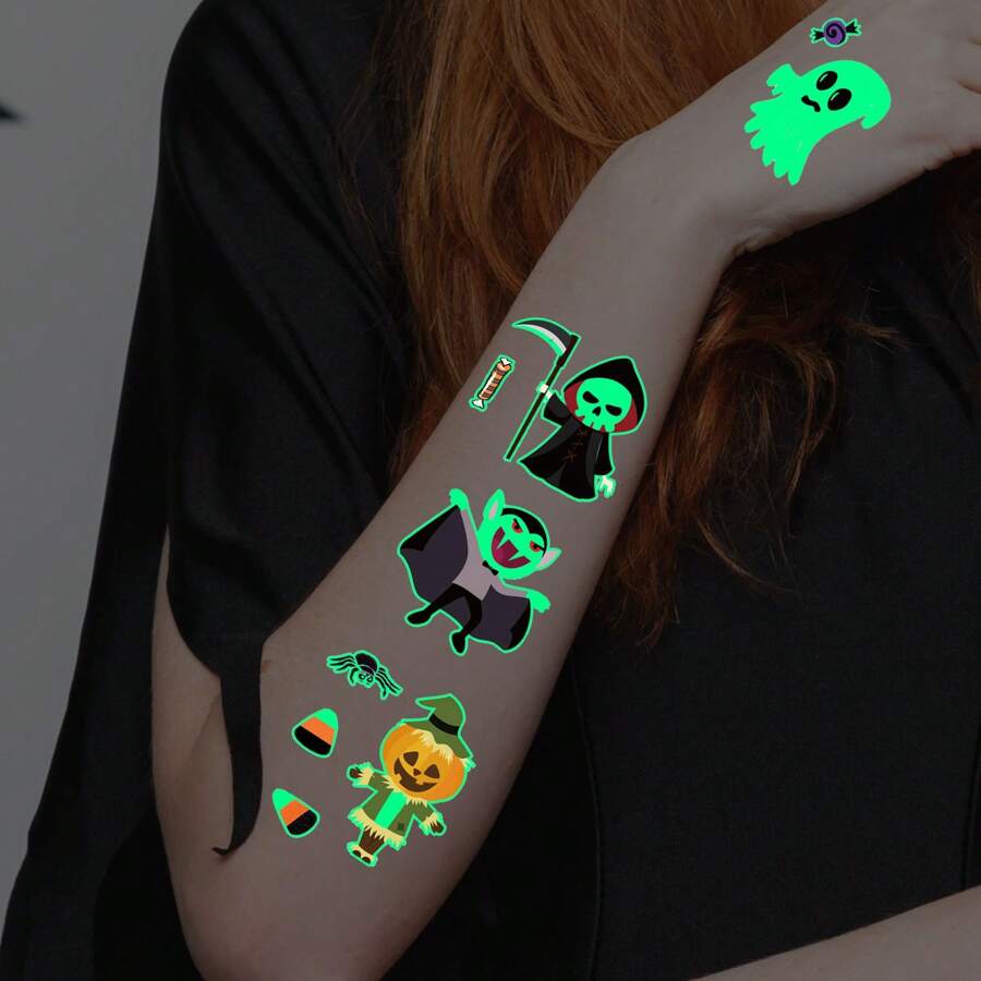 10 Sheets Of 110-Piece Cartoon Halloween Glow-In-The-Dark Tattoo Stickers, Glow In The Dark, Halloween Party Carnival Makeup Waterproof Temporary Tattoos