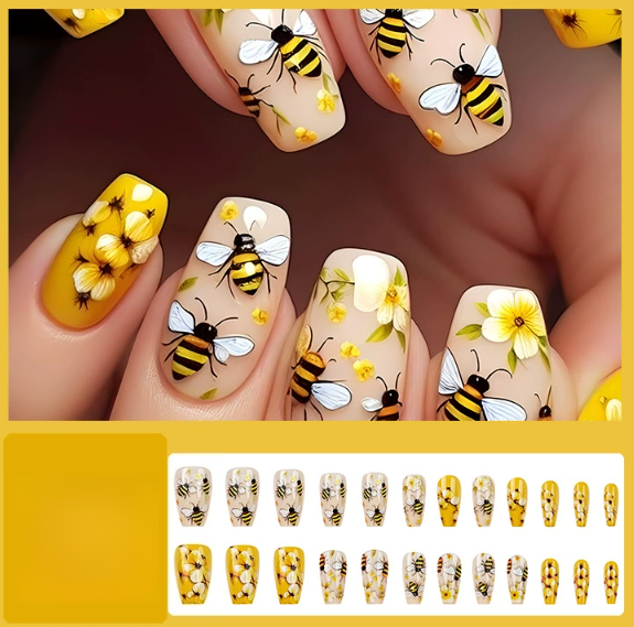 24 Piece Spring/Summer Warm Yellow Little Bee Flowers Mid-Length Ballet Cute 3D Embossed Bumblebee Floral 3D Nail Art