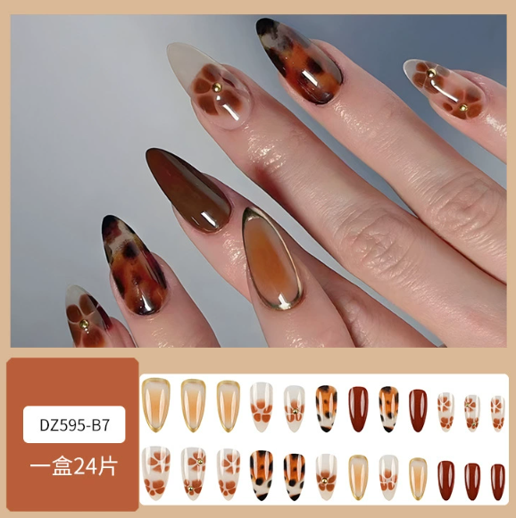 24pcs Medium Almond Shaped Press-On Nails, Leopard Print French Tip, Line Art Design, High Gloss Full Coverage, Suitable For Women And Girls Daily Wear, Autumn/Winter Nail Accessories