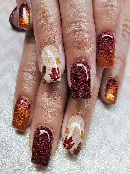 24-Piece Autumn Winter Short Square Press-On Fake Nails Set with Maple Leaf Fall Nails, Thanksgiving Nail Art, and Sweet & Cool Nail Stickers for Women