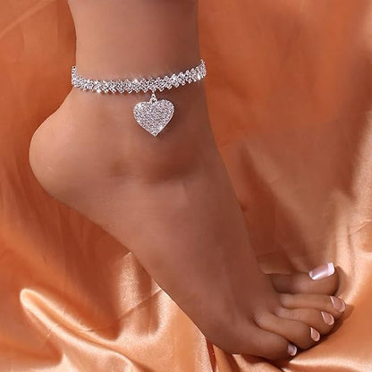Trendy Beach Diamond-Studded Diamond-Shaped Bracelet and Anklet Fashion Rhinestone Heart Pendant Ankle Jewelry