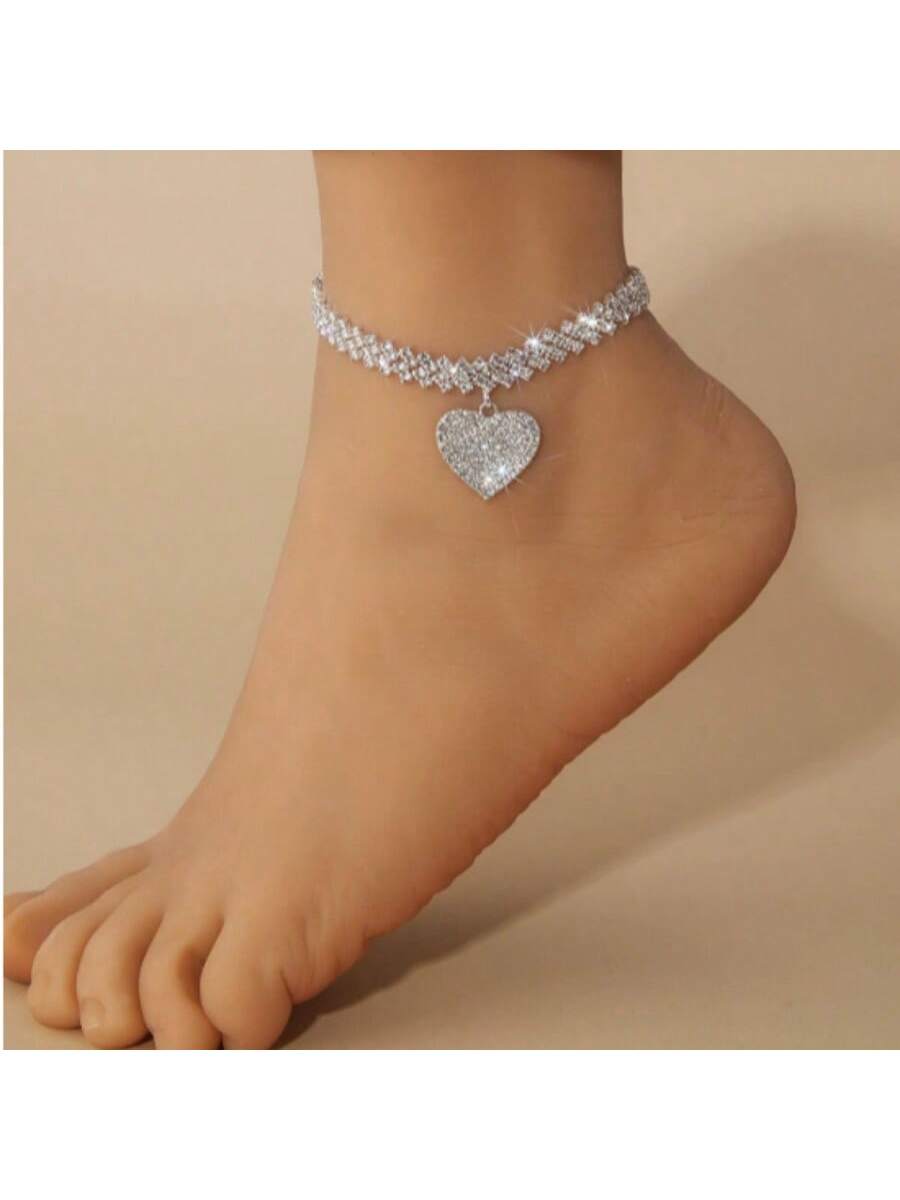Trendy Beach Diamond-Studded Diamond-Shaped Bracelet and Anklet Fashion Rhinestone Heart Pendant Ankle Jewelry